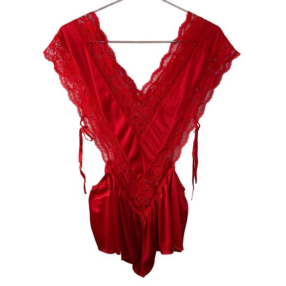 Vintage Teddy Bodysuit Red Cut Out Sides Lace Floral Drawstring Deep V-Neck O/S - Picture 1 of 4